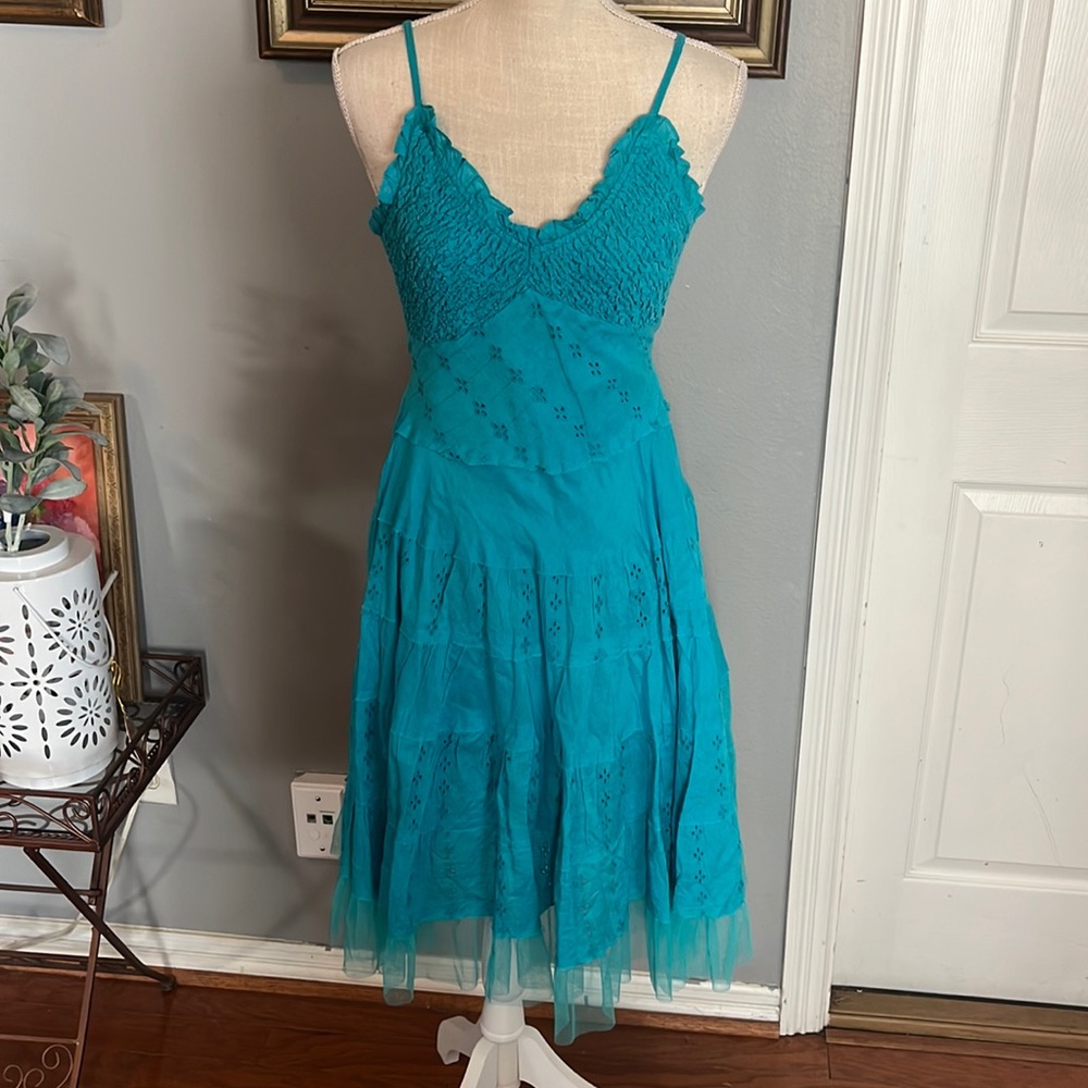 Turquoise Tiered Mini Dress by Connected with Adjustable Straps / Size PM